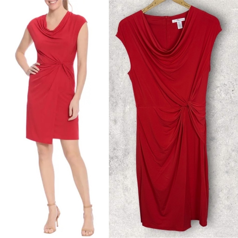 London Times Cowl Neck Side Twist Front Mini Dress Red Short Sleeves Size 6 Boho